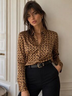 Banana Republic 100% Silk Monogram Print Button-Up Blouse Gold Brown Size Small
